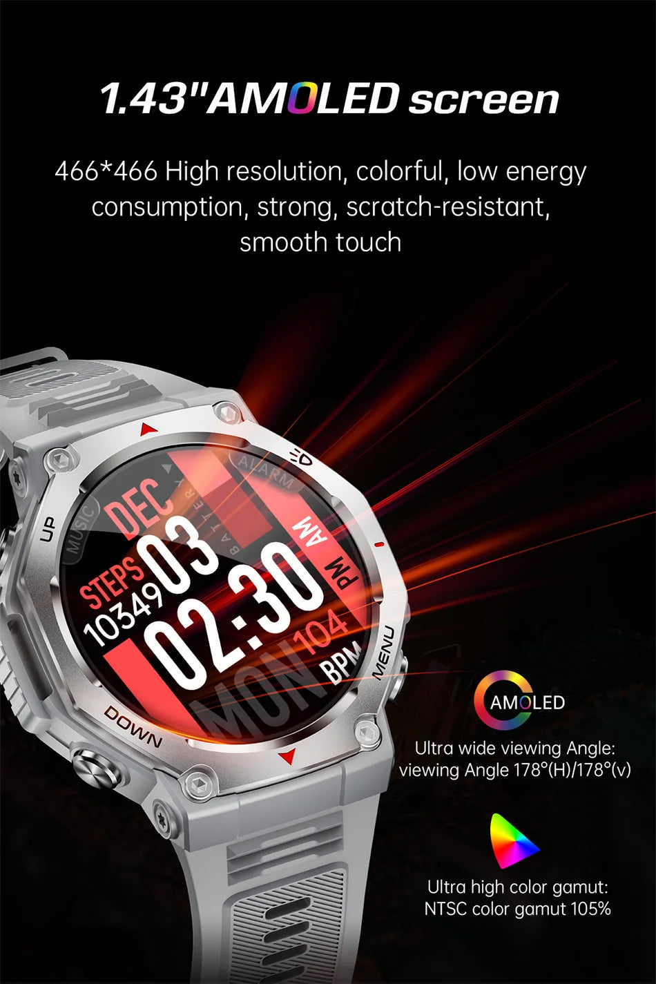 Montre Connectée Sport ZYKEXUAN T-Rex3 — AMOLED 1,43", Étanche 10 ATM, Boussole, Altimètre, 100+ Sports, 13 Coloris | TechNova X