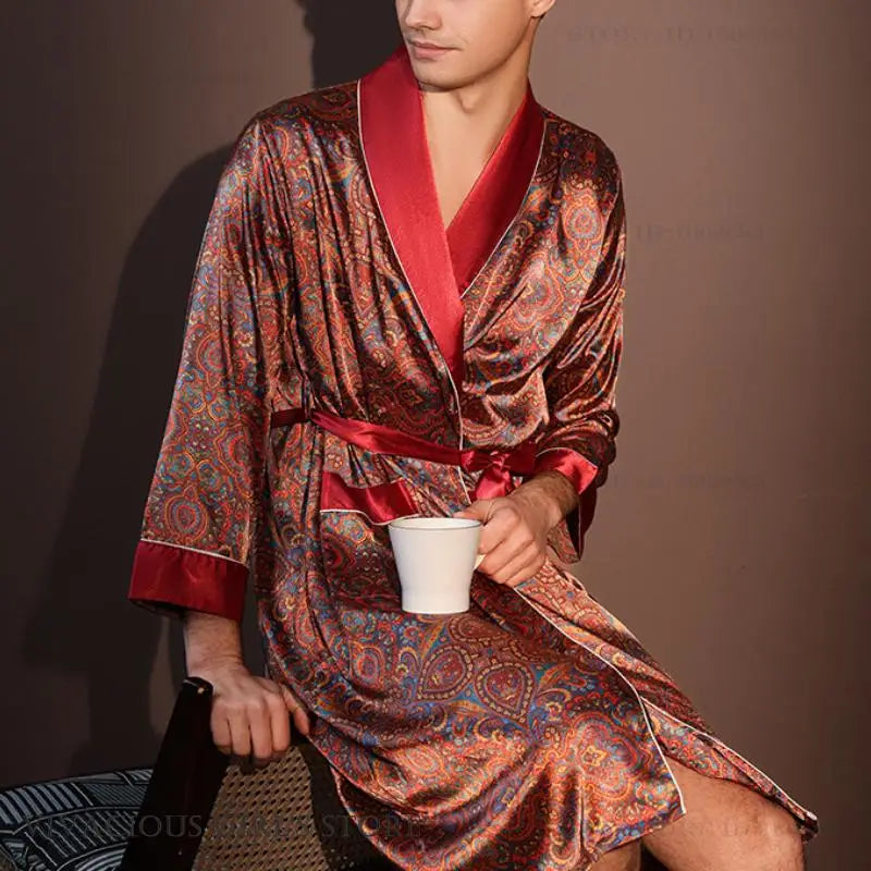 Kimono Peignoir Satin Imprimé Homme — Robe de Chambre avec Poches, Col en V