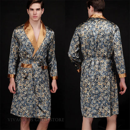 Kimono Peignoir Satin Imprimé Homme — Robe de Chambre avec Poches, Col en V