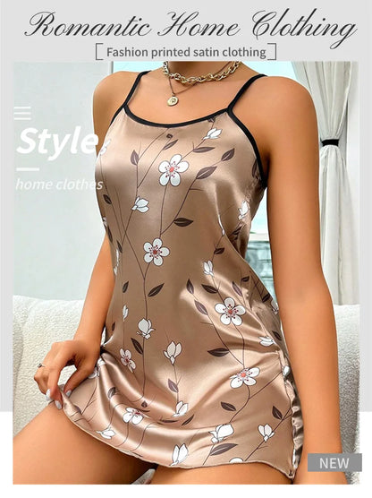Robe de nuit en satin à imprimé floral pour femme, confortable, bretelles spaghetti, luxueuse, slip