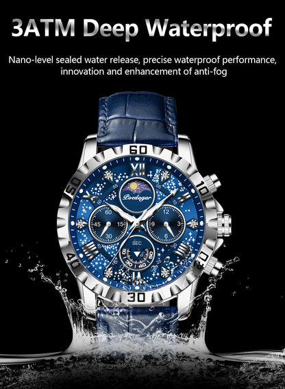 Montre Quartz Luxe Homme POEDAGAR 973 — Chronographe Lumineux, Verre Saphir, Bracelet Cuir, 3 ATM, 7 Coloris | TechNova X