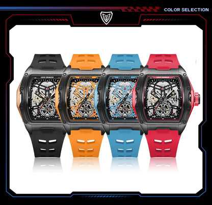Montre Mécanique Homme Squelette — Boîtier Carré Acier, Automatique, Étanche 3 ATM, Bracelet Silicone | TechNova X