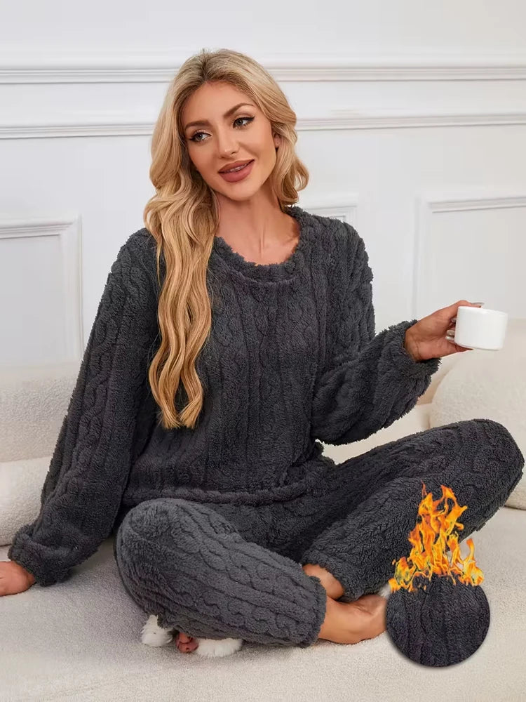 Ensemble Pyjama Flanelle Polaire Femme — Haut Col Rond & Pantalon Chaud