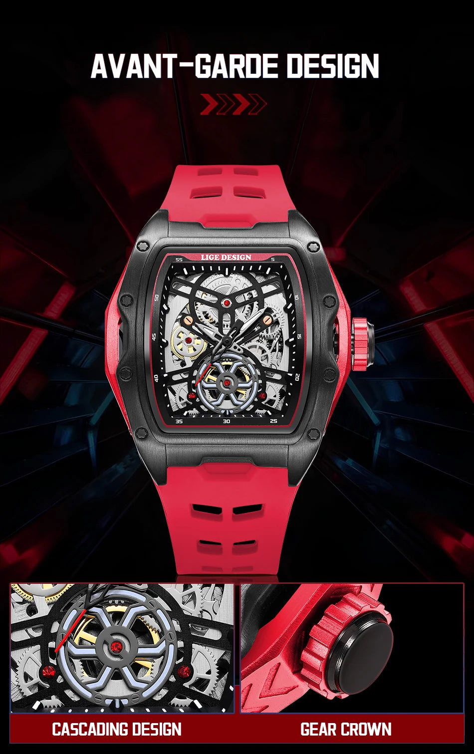 Montre Mécanique Homme Squelette — Boîtier Carré Acier, Automatique, Étanche 3 ATM, Bracelet Silicone | TechNova X