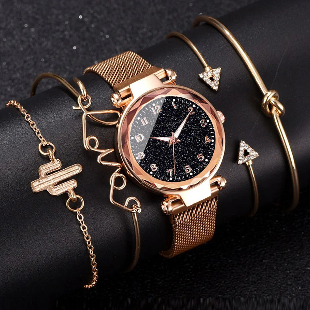 Montre Quartz Femme MOONBIFFY — Cadran Ciel Étoilé 36 mm, Bracelet Maille Alliage, Chiffres Arabes, 5 Styles | TechNova X