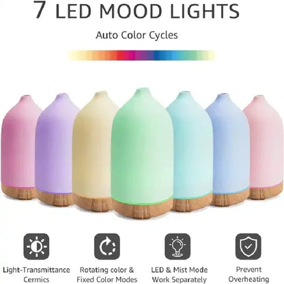 Diffuseur Aromathérapie Céramique 100ml — Ultrasonique, Minuterie 1H/2H & Veilleuse LED 7 Couleurs
