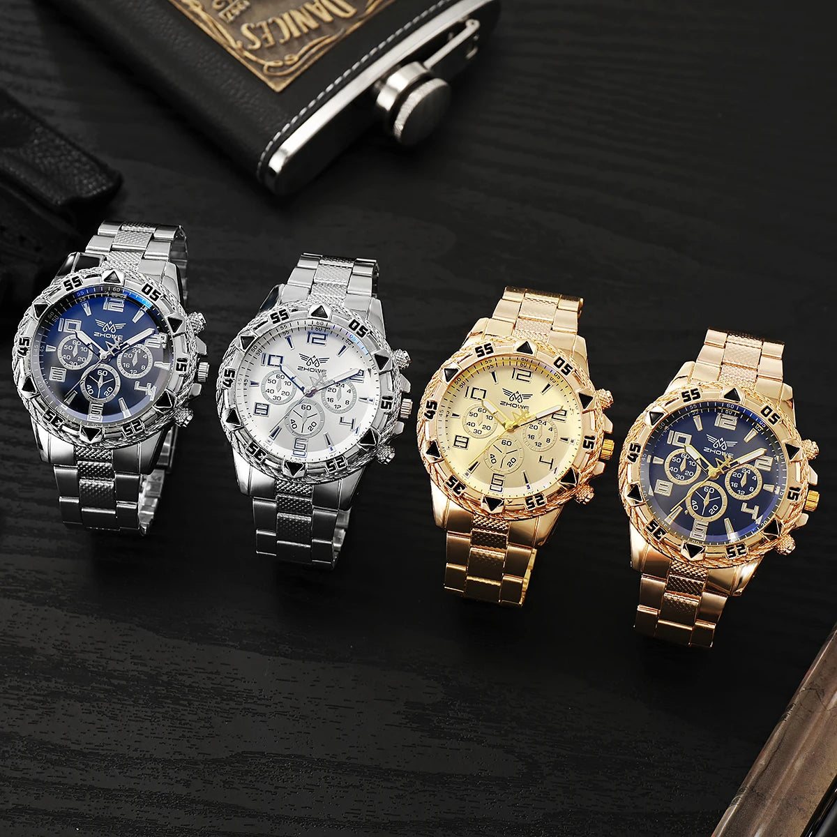 Montre Homme Quartz Grand Cadran — Bracelet Alliage Doré, Chiffres Arabes, Style Rock Luxe