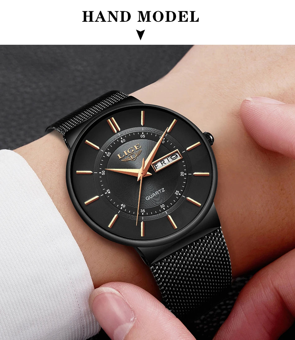Montre Homme LIGE 9949 — Quartz Ultra-Fine, Bracelet Acier Inox, Date & Semaine, 3 ATM