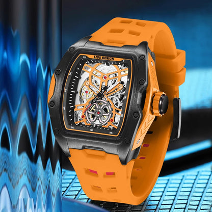 Montre Mécanique Homme Squelette — Boîtier Carré Acier, Automatique, Étanche 3 ATM, Bracelet Silicone | TechNova X