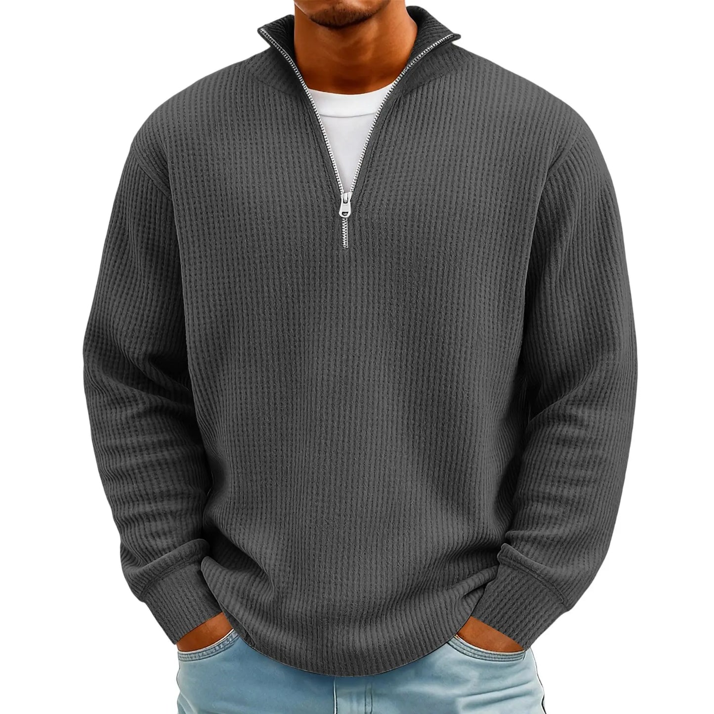 Sweat Col Polo Homme — Manches Longues, Fermeture Éclair, Coupe Ample | Automne-Hiver